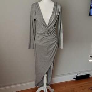 Gray V-neck Long-sleeved Slit XL Dress